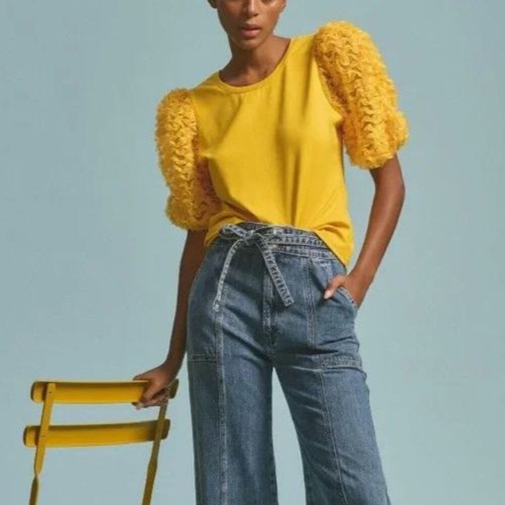 Anthropologie FLAT WHITE Shirt XS Yellow 3D Ruffle Puff Sleeve Crewneck Top
